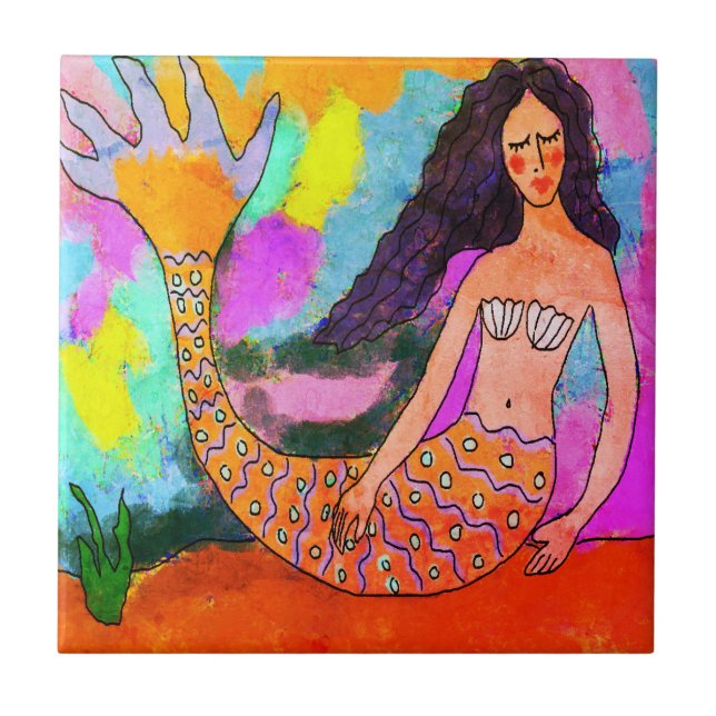 Psychedelische Mermaid Abstrakte Malerei Fliese (Vorderseite)