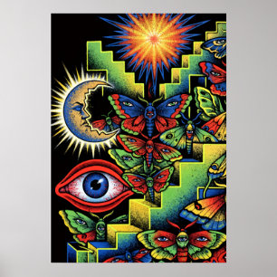 Psychedelische Mottenaugen Sonne Mond Surrealistis Poster