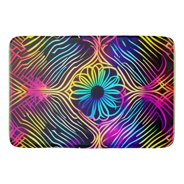 Psychedelische Neonlinien mit Blume Art Badematte (Vorderseite)
