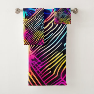 Psychedelische Neonlinien mit Blume Art Badhandtuch Set