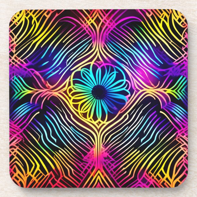 Psychedelische Neonlinien mit Blume Art Getränkeuntersetzer (Vorderseite)