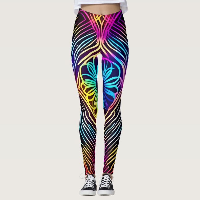 Psychedelische Neonlinien mit Blume Art Leggings (Vorderseite)