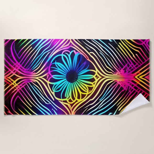 Psychedelische Neonlinien mit Blume Art Strandtuch (Vorderseite)