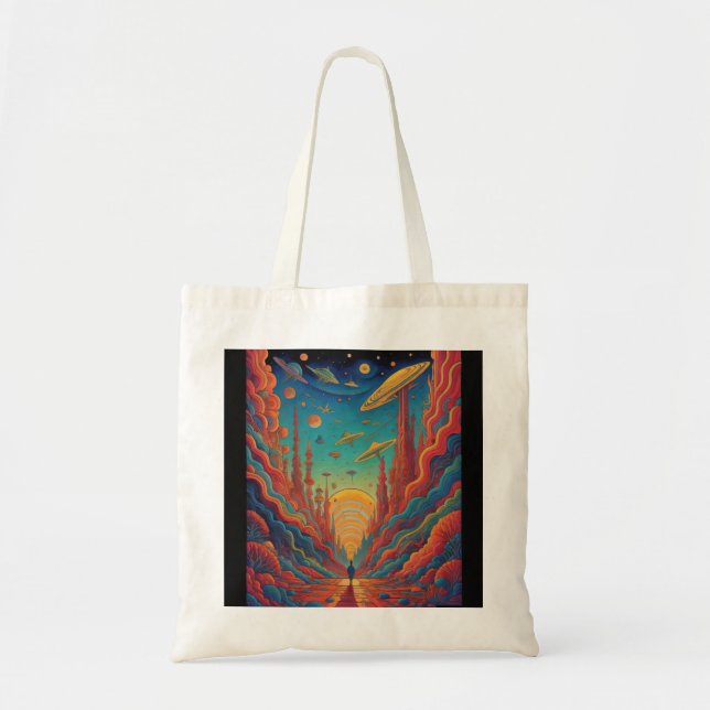 Psychedelische Orange Journey Landschaft Kunst Tragetasche (Vorne)