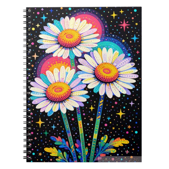 Psychedelische Regenbogen-Gänseblümchen unter eine Notizblock (Vorderseite)