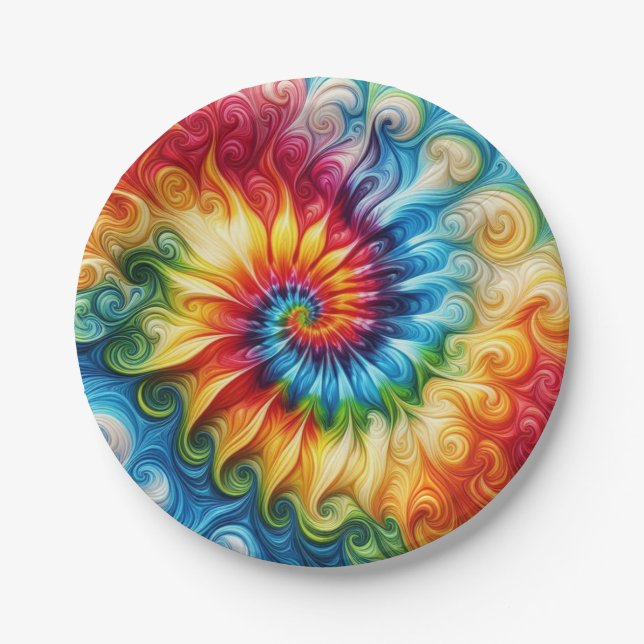 Psychedelische Regenbogen-Tie-Dye-Retro-Papiertell Pappteller (Vorderseite)
