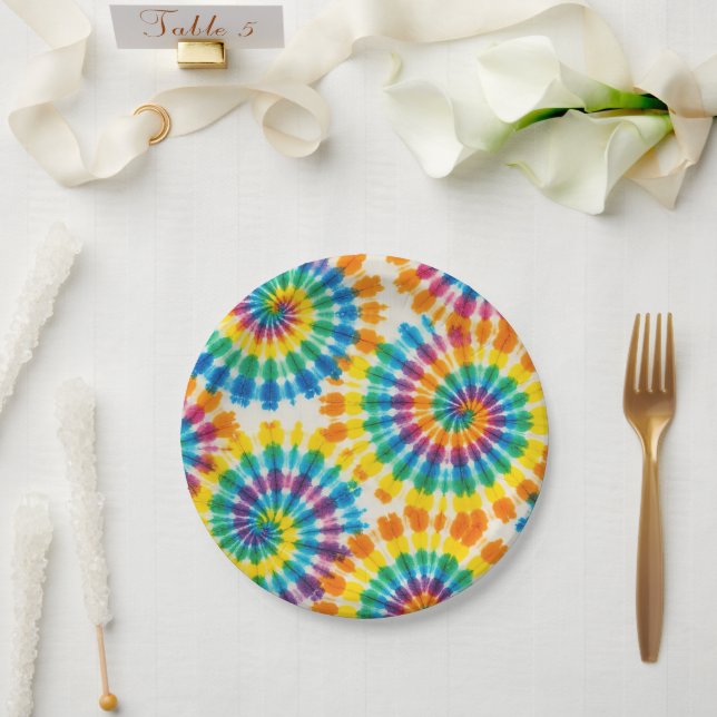 Psychedelische Regenbogen-Tie-Dye-Retro-Papiertell Pappteller (Hochzeit)