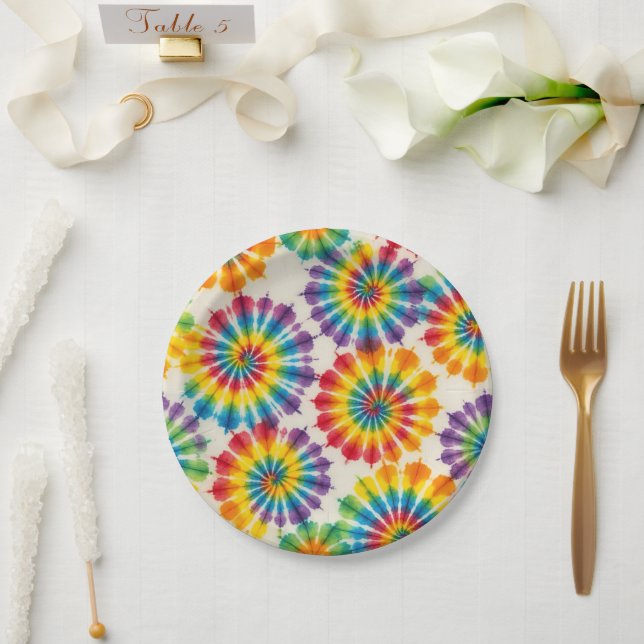 Psychedelische Regenbogen-Tie-Dye-Retro-Papiertell Pappteller (Hochzeit)