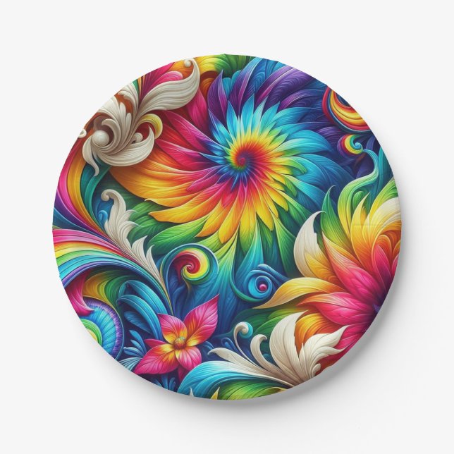 Psychedelische Regenbogen-Tie-Dye-Retro-Papiertell Pappteller (Vorderseite)