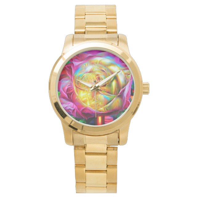 Psychedelische RegenbogenRose Armbanduhr (Vorderseite)