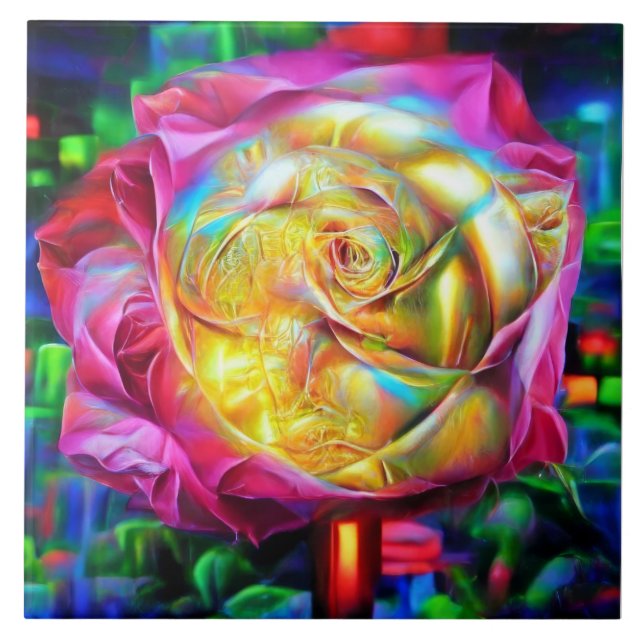 Psychedelische RegenbogenRose Fliese (Vorderseite)