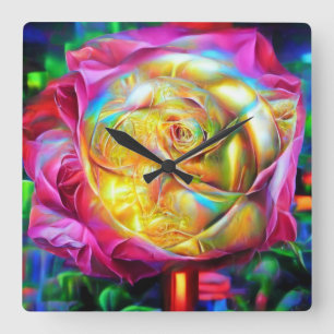 Psychedelische RegenbogenRose Quadratische Wanduhr
