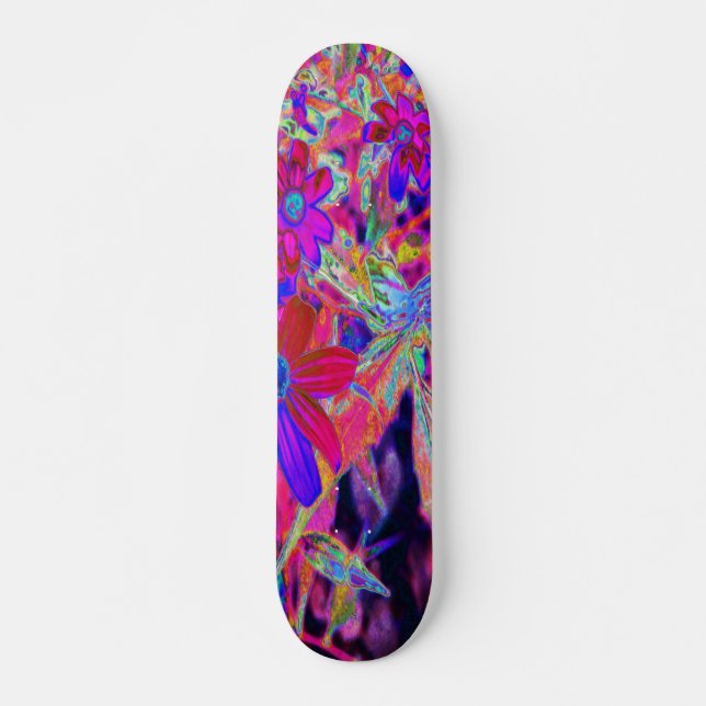 Psychedelische Retro-Crimson- und Magenta-Wildblum Skateboard (Vorne)