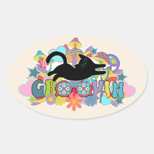 Psychedelische Retro-Groovin-Schwarze-Katze-Hippie Ovaler Aufkleber