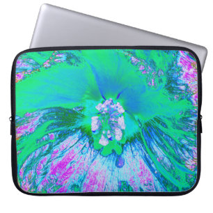 Psychedelische Retro-Grüne und Hot-Pink-Hibiskus Laptopschutzhülle