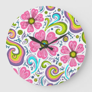 Psychedelische rosa florale Schwünge Grafik Kunst Große Wanduhr