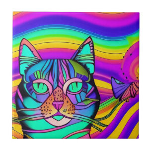 Psychedelische, schwere Katze bunt lila Fuschia Fliese