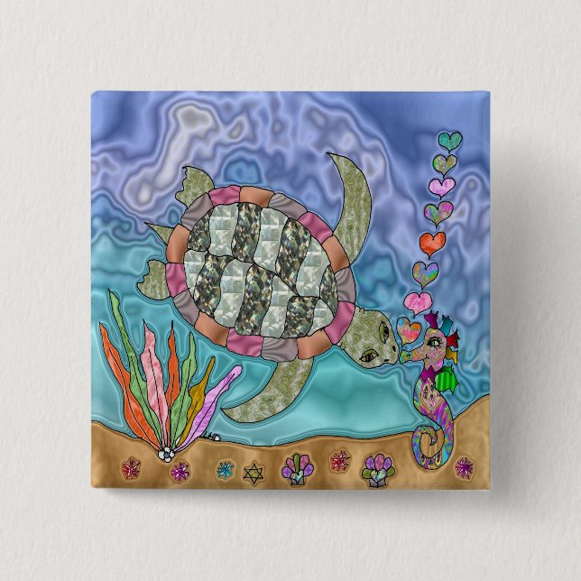 Psychedelische Seeschildkröte-Seepferd-Kunst Button (Vorderseite)