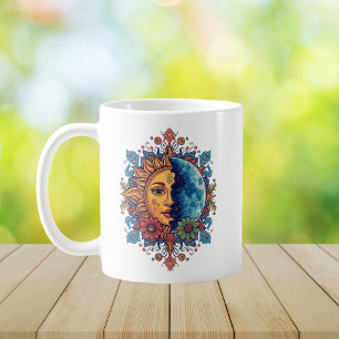 Psychedelische Sonne und Mond Boho-Blumenkunst Kaffeetasse