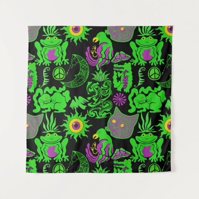 Psychedelische Tiere Muster Black BG Wandteppich (Vorderseite)