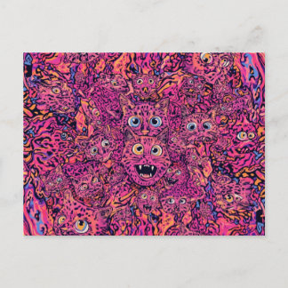 Psychedelische trippige Katze in leuchtendem Neon Postkarte