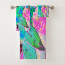 Psychedelische Trippy Lime Green and Blue Flowers Badhandtuch Set