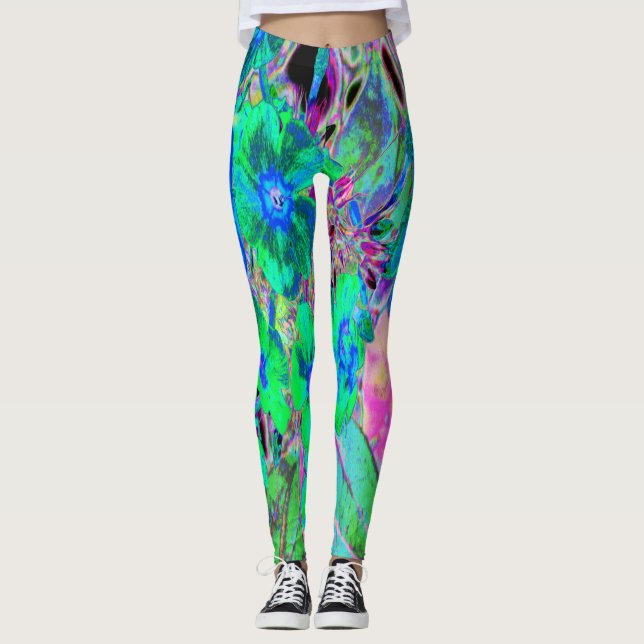 Psychedelische Trippy Lime Green and Blue Flowers Leggings (Vorderseite)