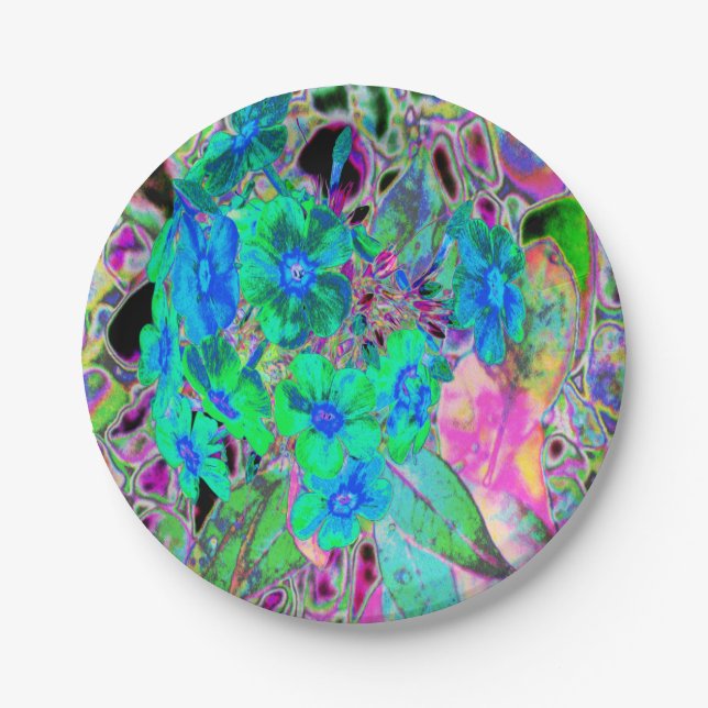 Psychedelische Trippy Lime Green and Blue Flowers Pappteller (Vorderseite)