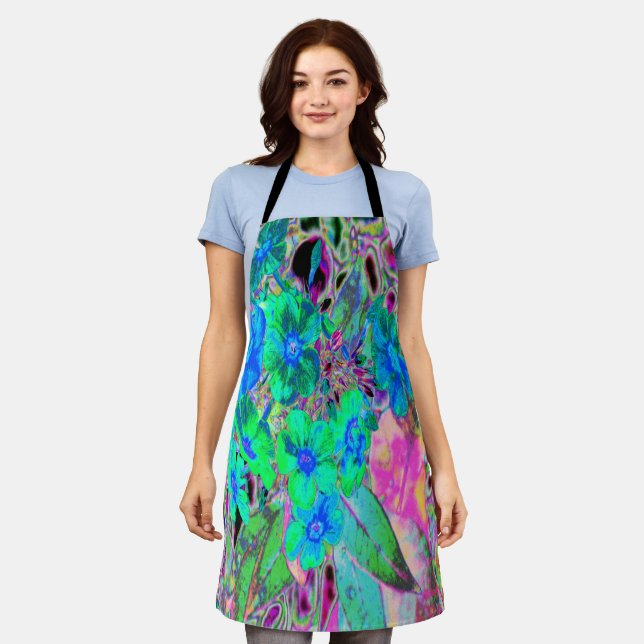 Psychedelische Trippy Lime Green and Blue Flowers Schürze (Getragen)