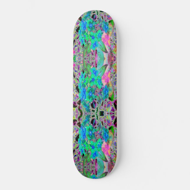 Psychedelische Trippy Lime Green and Blue Flowers Skateboard (Vorderseite)