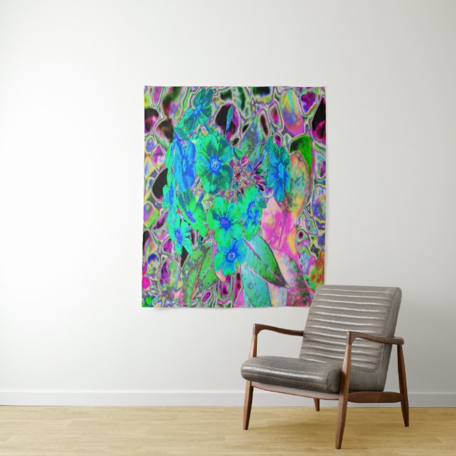 Psychedelische Trippy Lime Green and Blue Flowers Wandteppich (Beispiel)