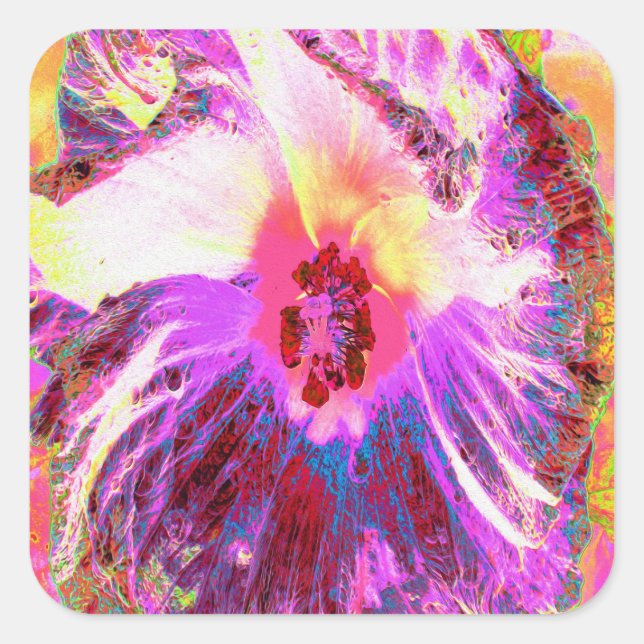 Psychedelische Trippy Rainbow Colors Hibiskus Blum Quadratischer Aufkleber (Vorderseite)