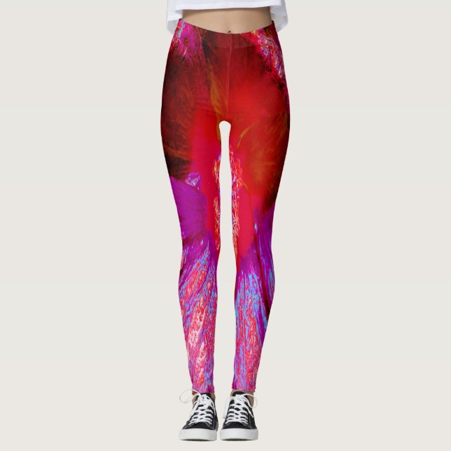 Psychedelische Trippy Retro Red Hibiskus Blume Leggings (Vorderseite)