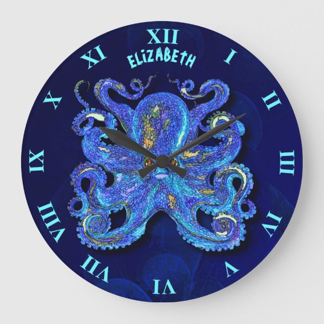 Psychedelischer blauer Kraken mit braunen Augen Große Wanduhr (Vorderseite)