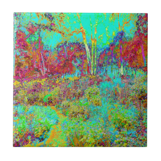 Psychedelischer Herbst Gold und Aqua Garden Landsc Fliese (Vorderseite)