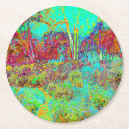 Psychedelischer Herbst Gold und Aqua Garden Landsc Runder Pappuntersetzer