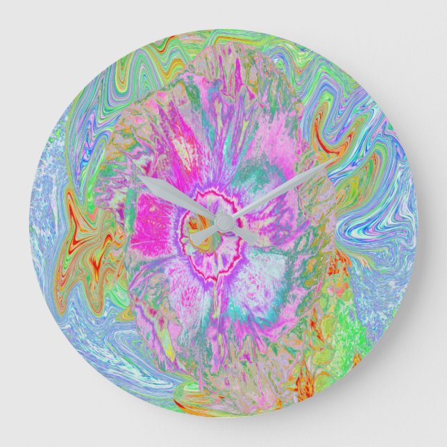 Psychedelischer Hot Pink und Ultra-Violet-Hibisken Große Wanduhr (Vorderseite)