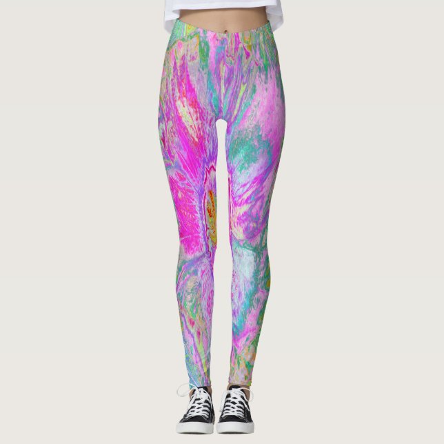 Psychedelischer Hot Pink und Ultra-Violet-Hibisken Leggings (Vorderseite)