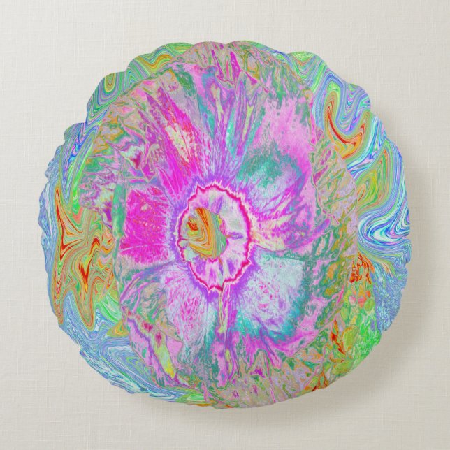Psychedelischer Hot Pink und Ultra-Violet-Hibisken Rundes Kissen (Vorderseite)