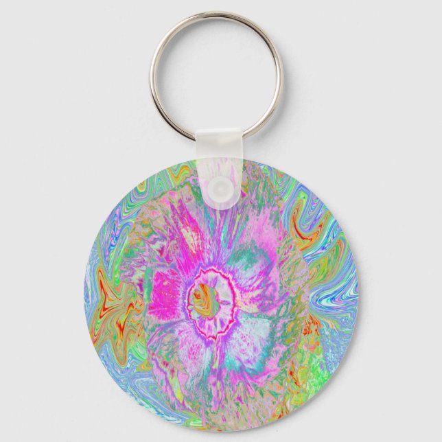 Psychedelischer Hot Pink und Ultra-Violet-Hibisken Schlüsselanhänger (Vorderseite)