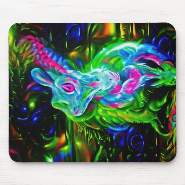 Psychedelischer Kaninchendrache in Neon Fantasy Mousepad (Vorne)