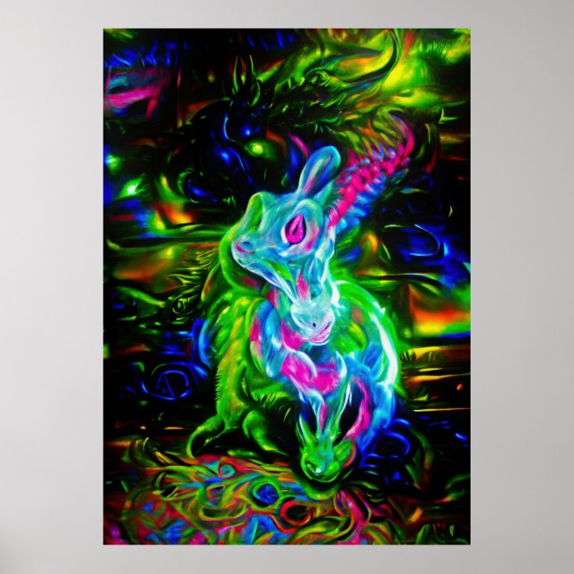 Psychedelischer Kaninchendrache in Neon Fantasy Poster (Vorne)
