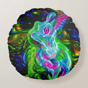 Psychedelischer Kaninchendrache in Neon Fantasy Rundes Kissen
