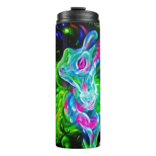 Psychedelischer Kaninchendrache in Neon Fantasy Thermosbecher