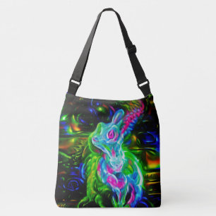 Psychedelischer Kaninchendrache in Neon Fantasy Tragetaschen Mit Langen Trägern
