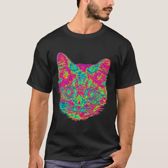 Psychedelischer Katzen-T - Shirt - Schwarzes (Vorderseite)
