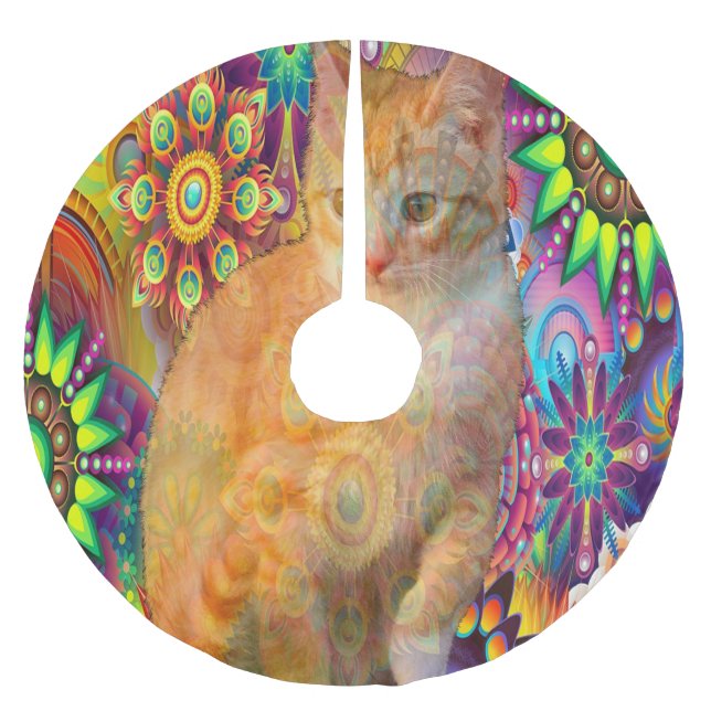 Psychedelischer Katzenrock, Gefärbte Krawatte Cat Polyester Weihnachtsbaumdecke (Vorderseite)