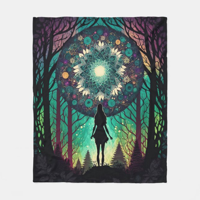 Psychedelischer Mandala-Wald-Teppich | Boho-Kunst Fleecedecke (Vorderseite)