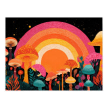 Psychedelischer Pilzsonnenuntergang – Retro-Fantas