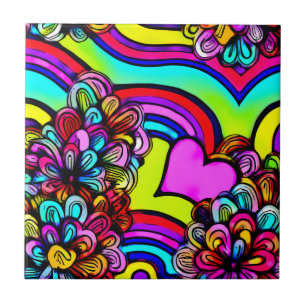 Psychedelischer Regenbogen Cartoon Blume Lila Herz Fliese